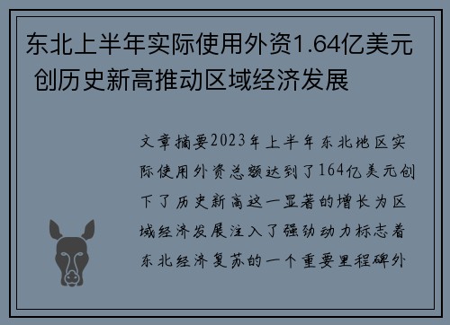 东北上半年实际使用外资1.64亿美元 创历史新高推动区域经济发展