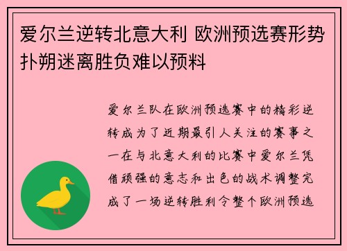 爱尔兰逆转北意大利 欧洲预选赛形势扑朔迷离胜负难以预料