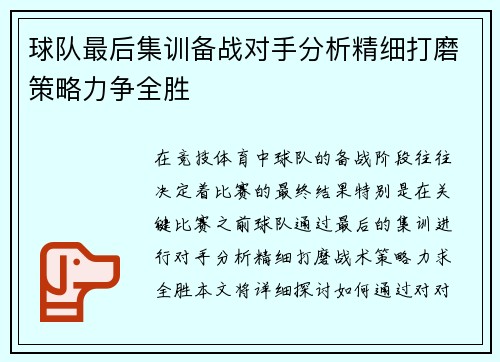 球队最后集训备战对手分析精细打磨策略力争全胜